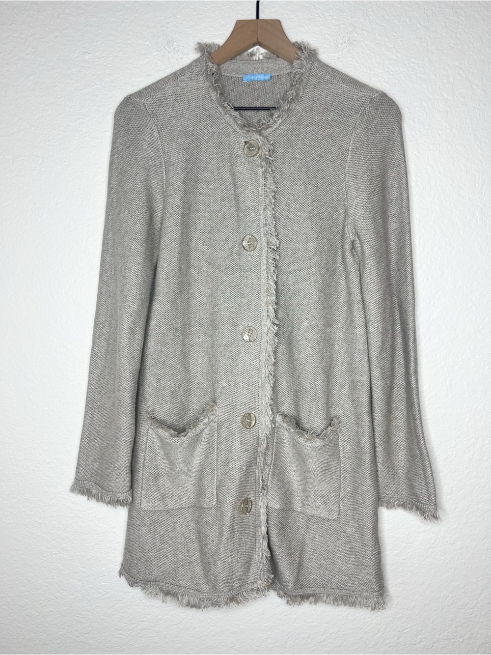 J. McLaughlin Lexa Fringe Longline Cardigan Grey Oatmeal Knit size Medium